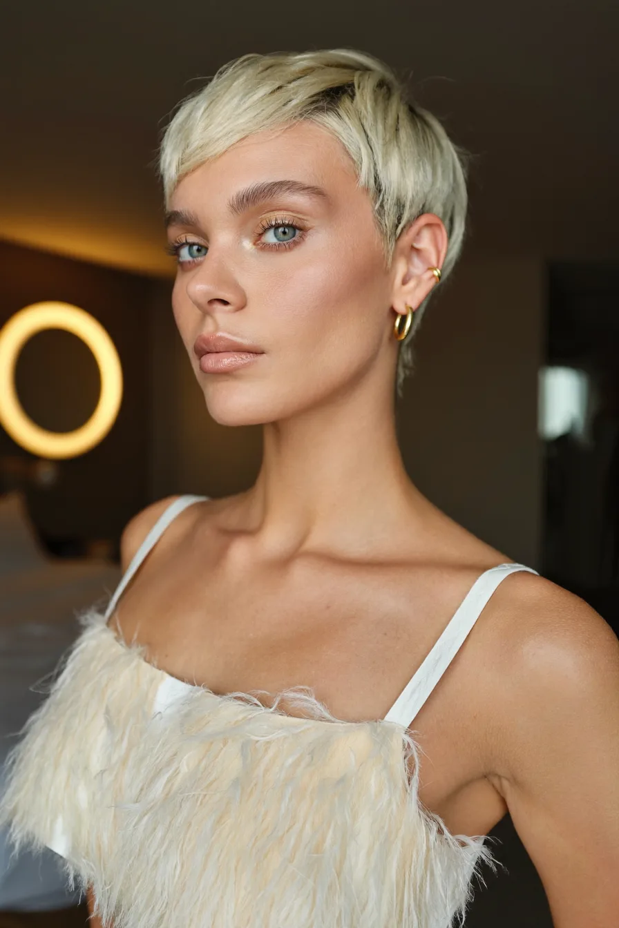 Sleek Platinum Blonde Pixie-Bob with Textured Crown Layers
