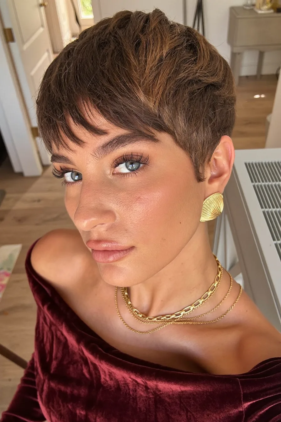 Textured Brunette Pixie-Bob With Soft Side-Swept Bangs