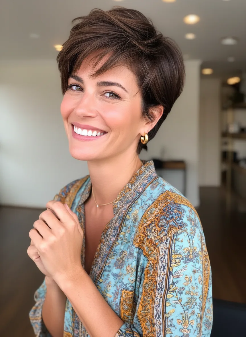 Rich Chocolate Brown Pixie with Side-Swept Bangs