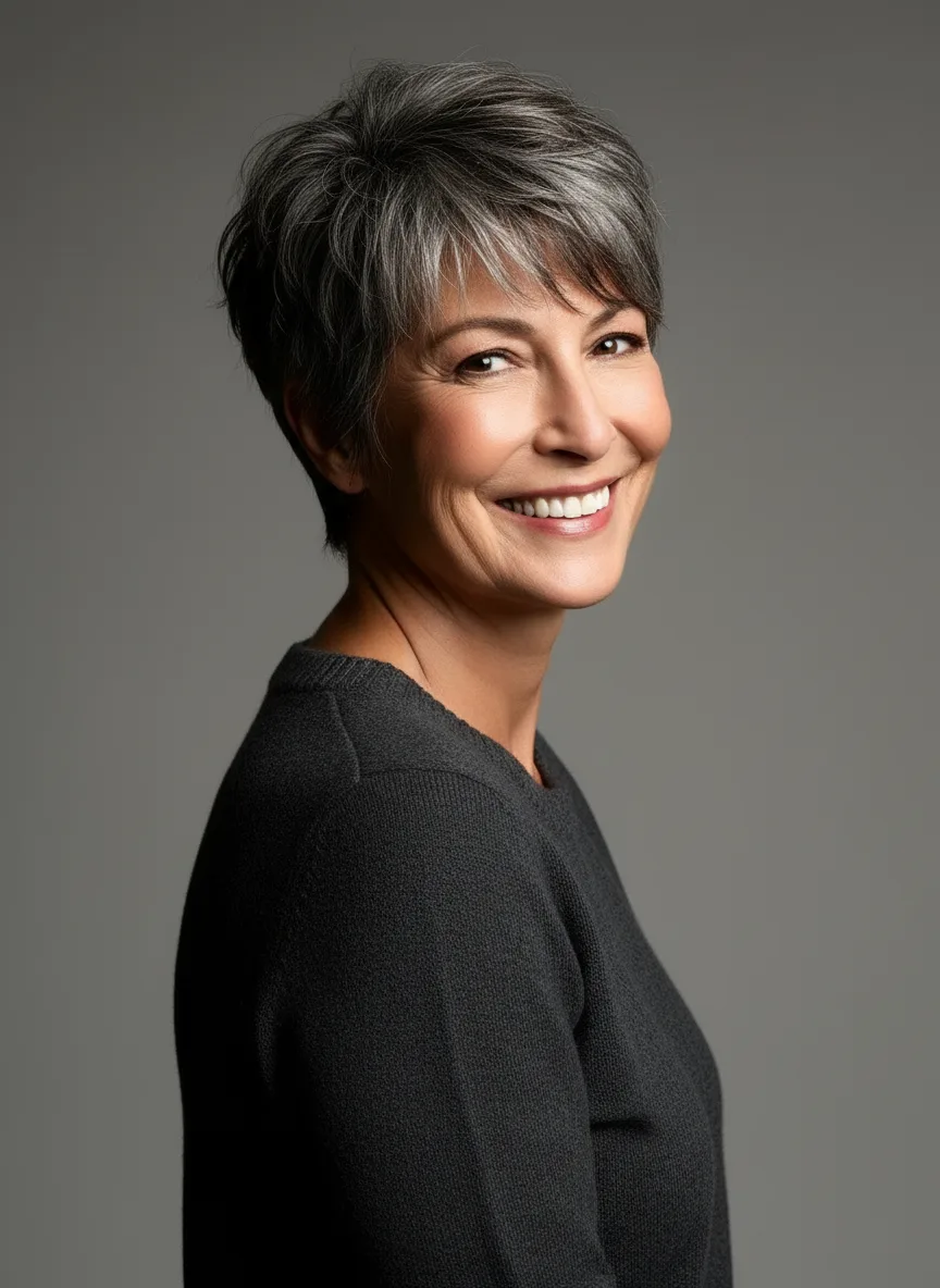 Salt and Pepper Wavy Pixie with Side-Swept Bangs