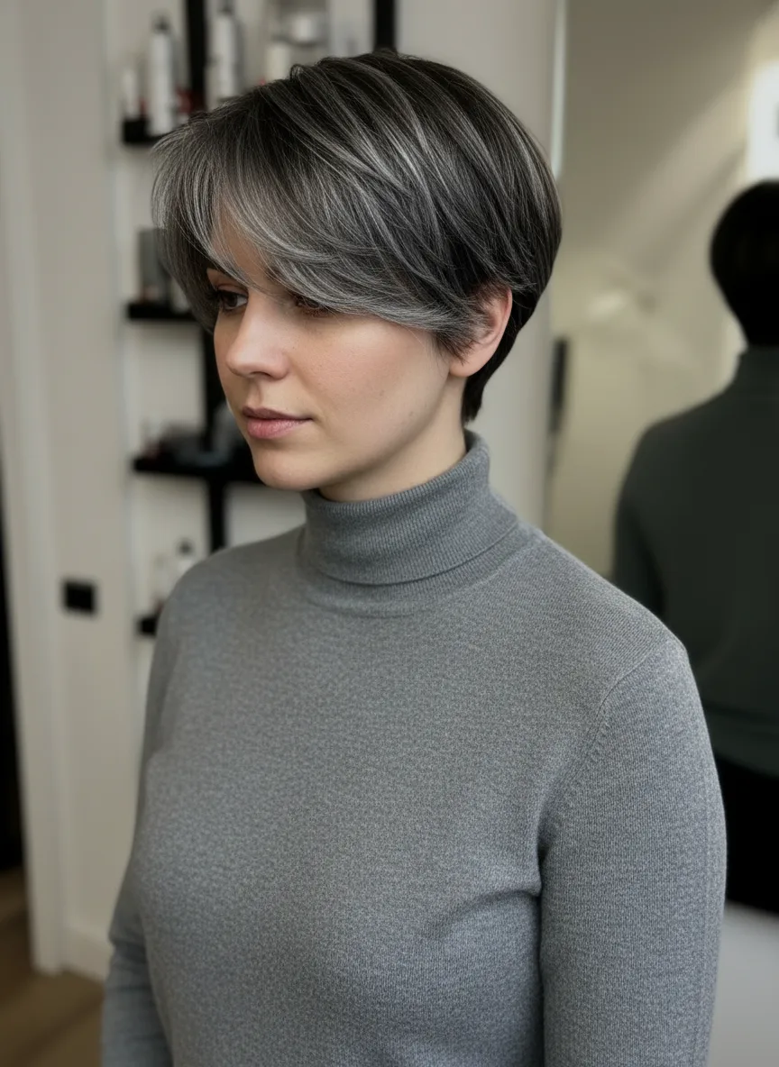 Straight Silver Frost Pixie with Dark Undertone Contrast