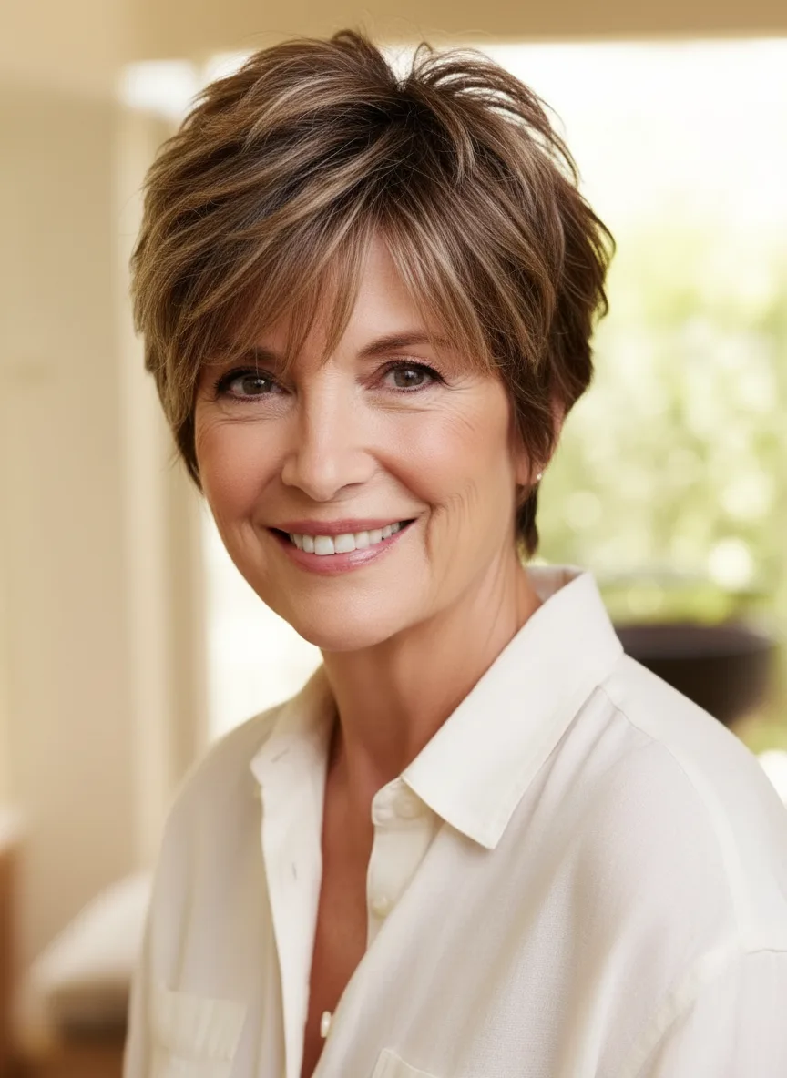 Wavy Soft Sandy Blonde Pixie with Side Bangs