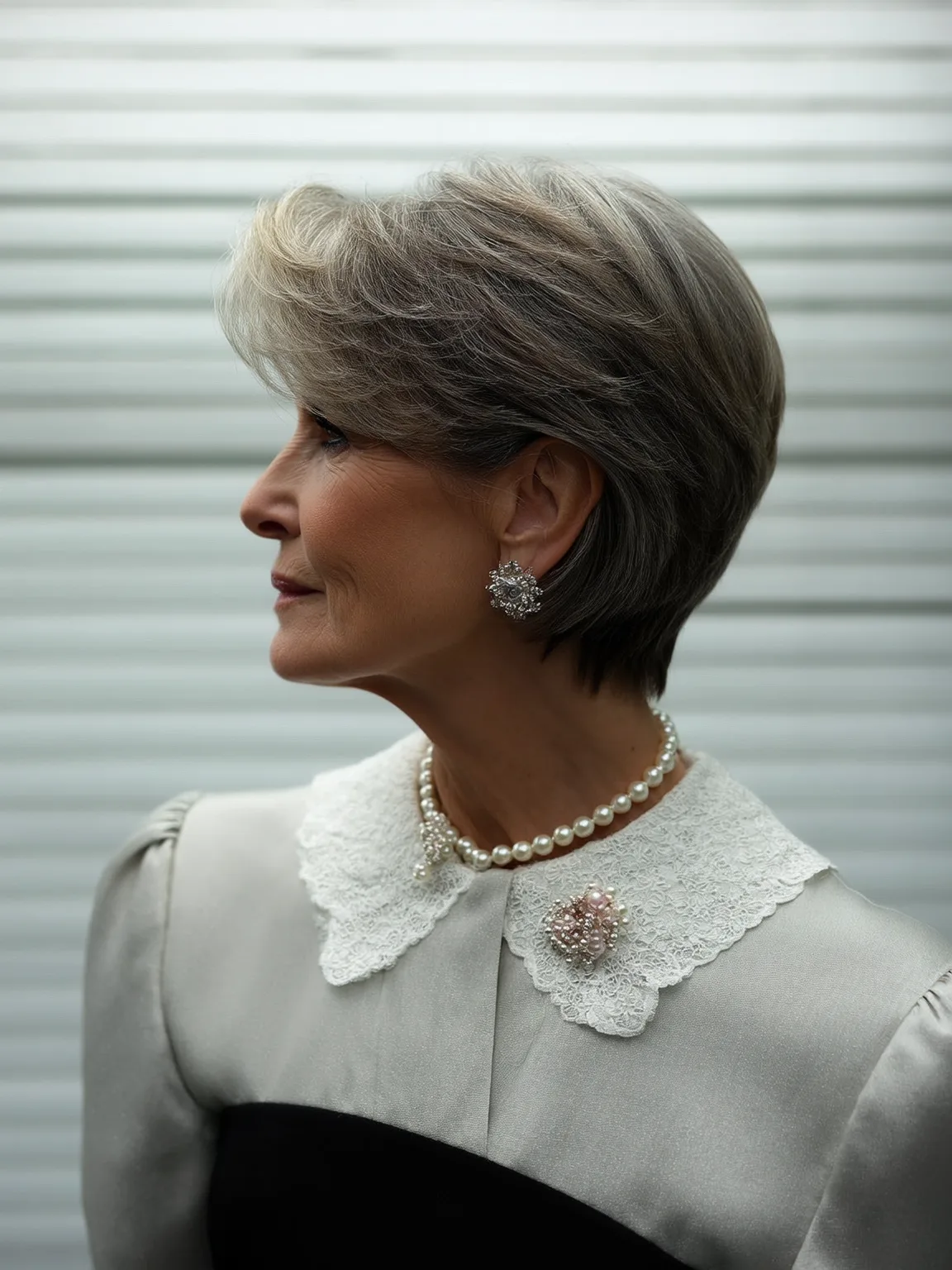 Silver Frost Pixie with Side-Swept Bangs and Medium Volume
