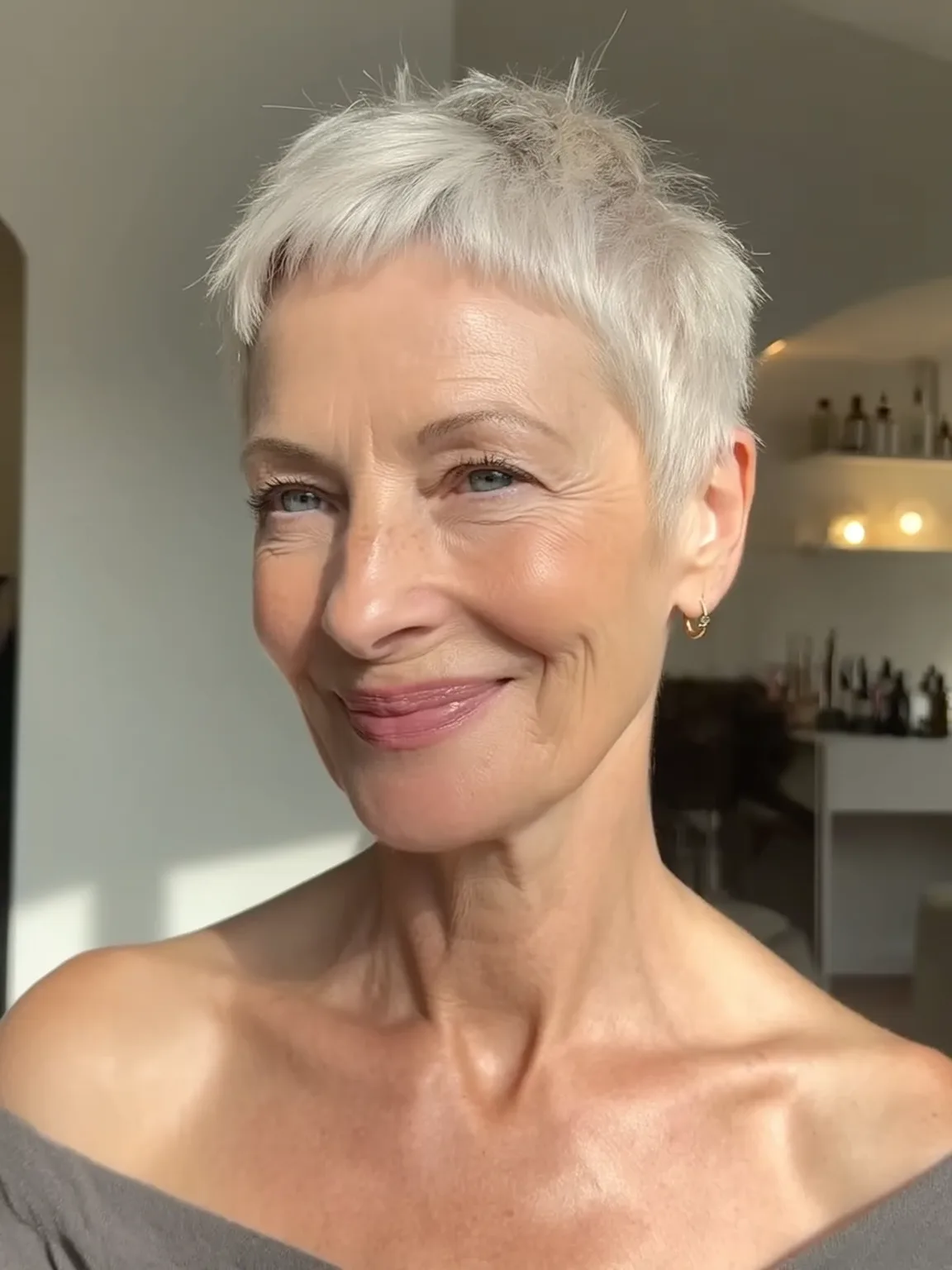 Silver Frost Pixie with Micro Bangs and Moderate Volume