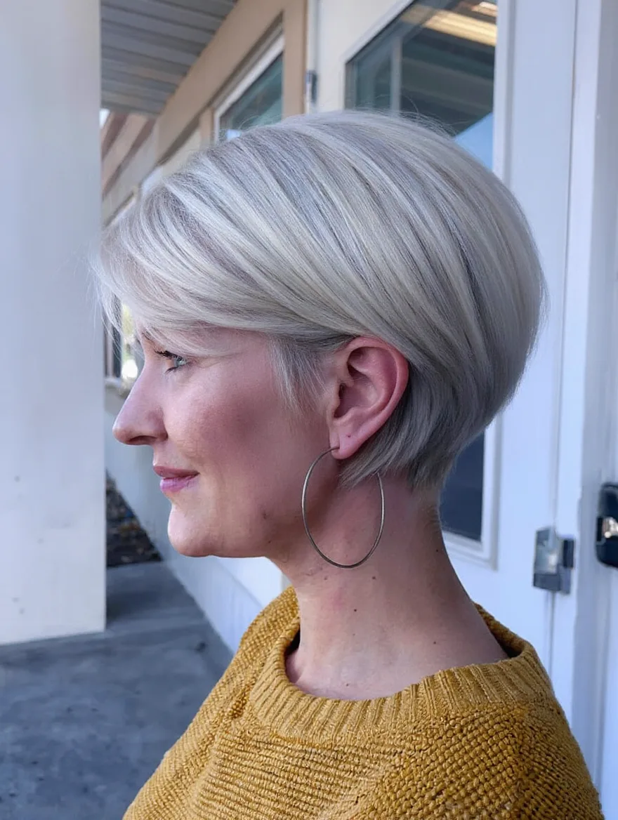 Platinum Blonde Pixie with Polished Side-Swept Bangs