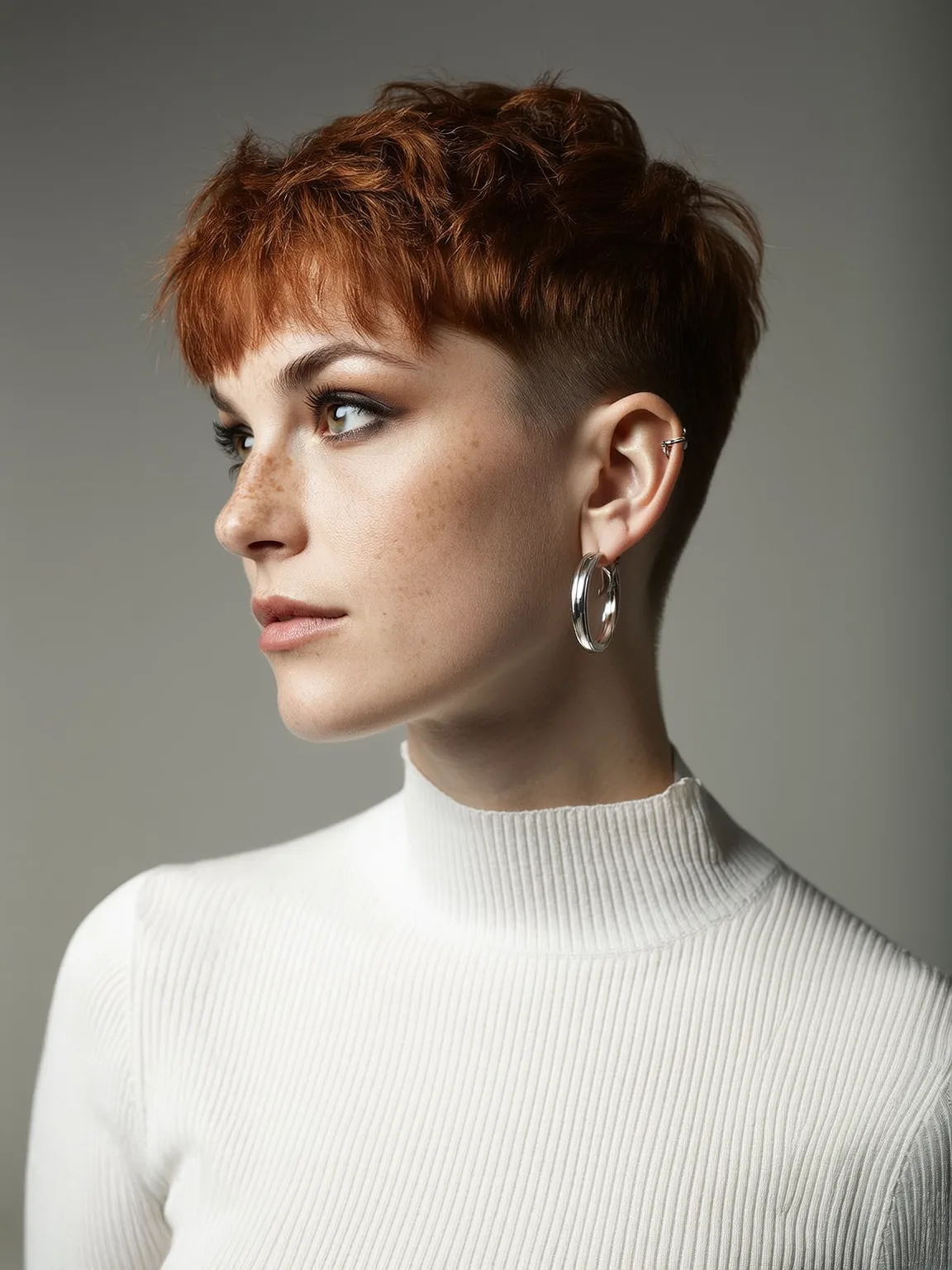 Copper Brown Wavy Pixie with Micro-Bangs