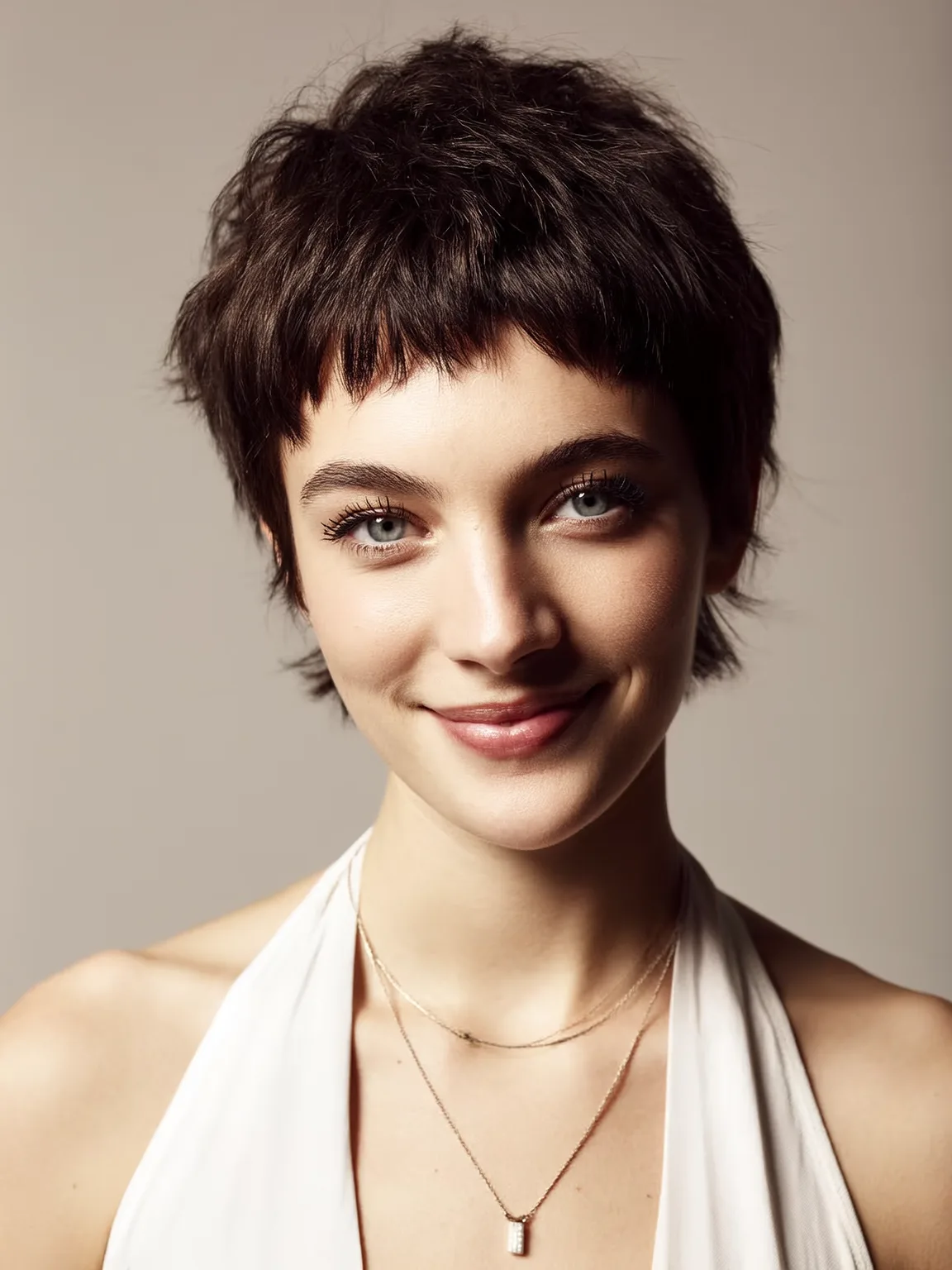 Medium Volume Wavy Espresso Pixie with Micro-Bangs