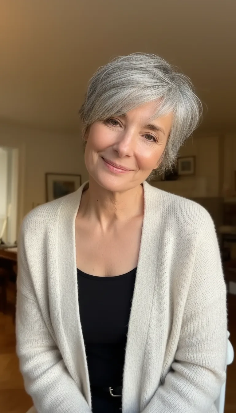 Sleek Silver Frost Pixie with Side-Swept Bangs