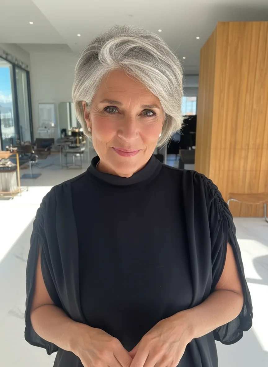 Soft Silver Frost Pixie with Side-Swept Fringe
