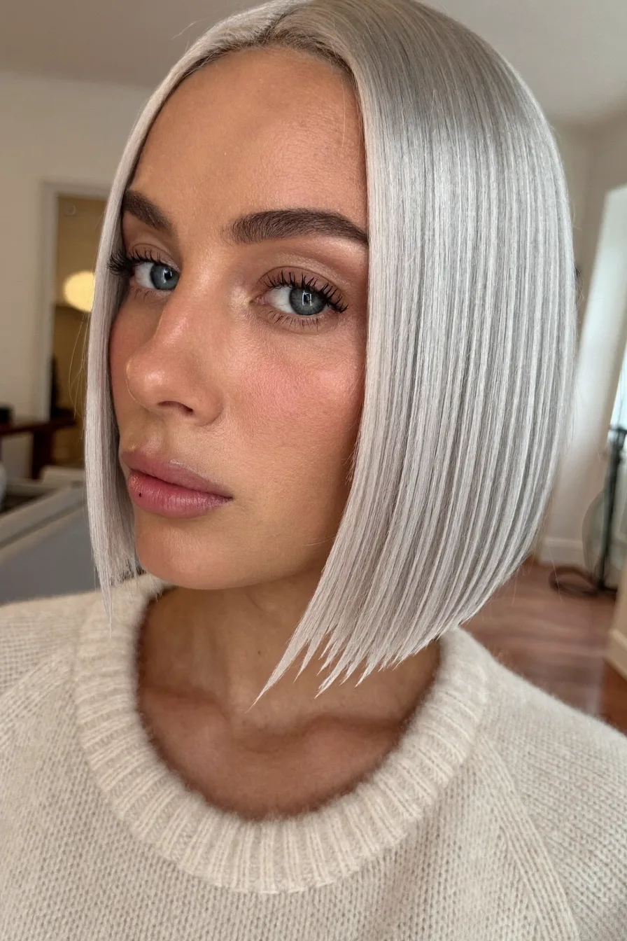 Sleek Icy Platinum Blonde Blunt Chin-Length Bob
