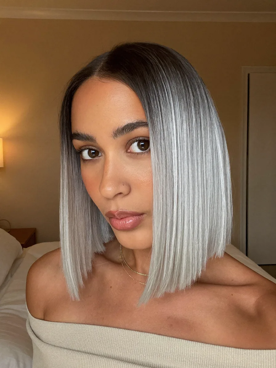 Straight Blunt Bob with Platinum Silver Ombre Effect