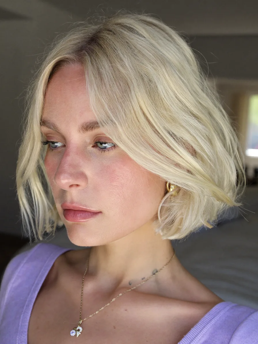 Chin-Length Cool Platinum Blonde Blunt Bob with Curtain Bangs