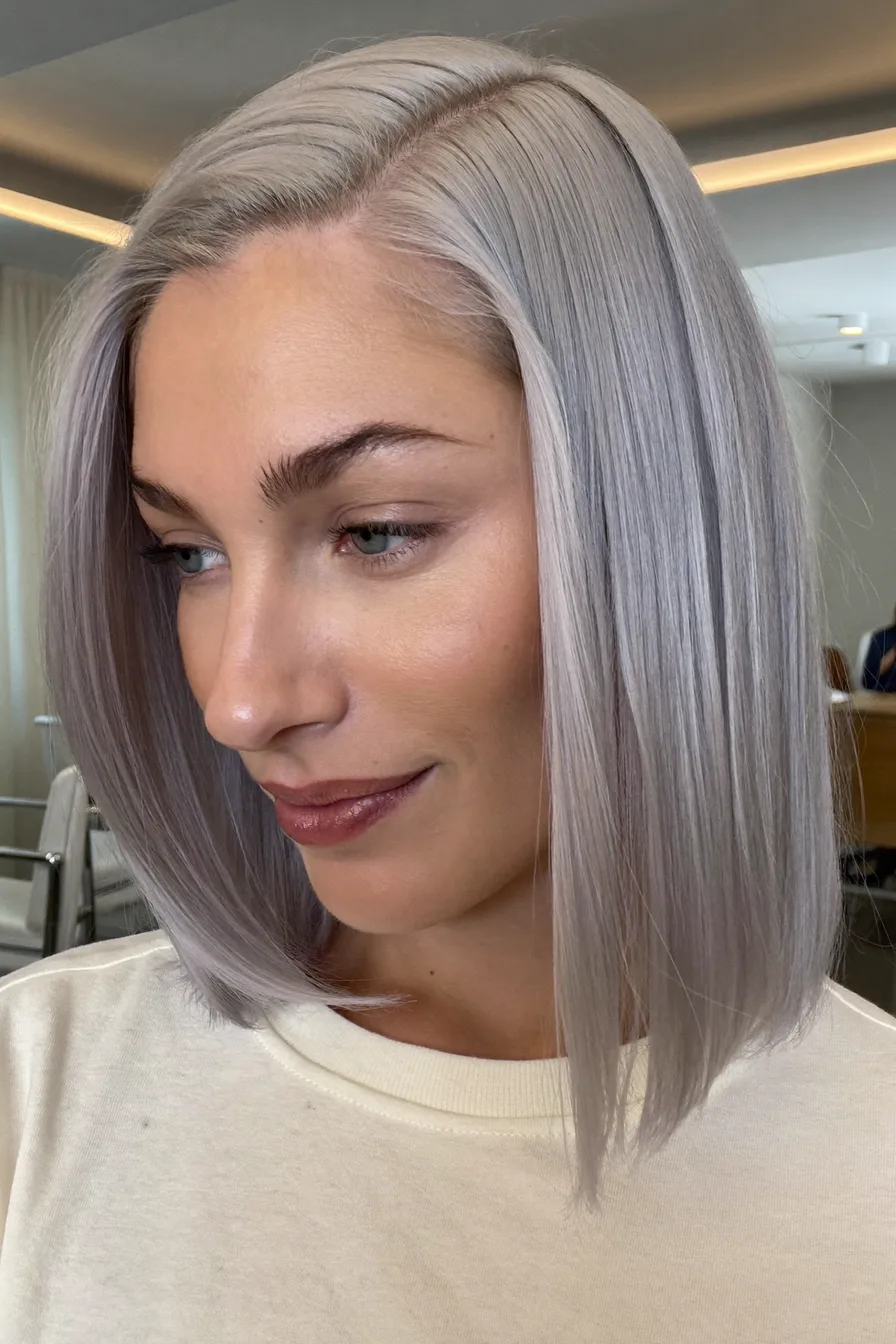 Sleek Platinum Silver Chin-Length Blunt Bob Hairstyle