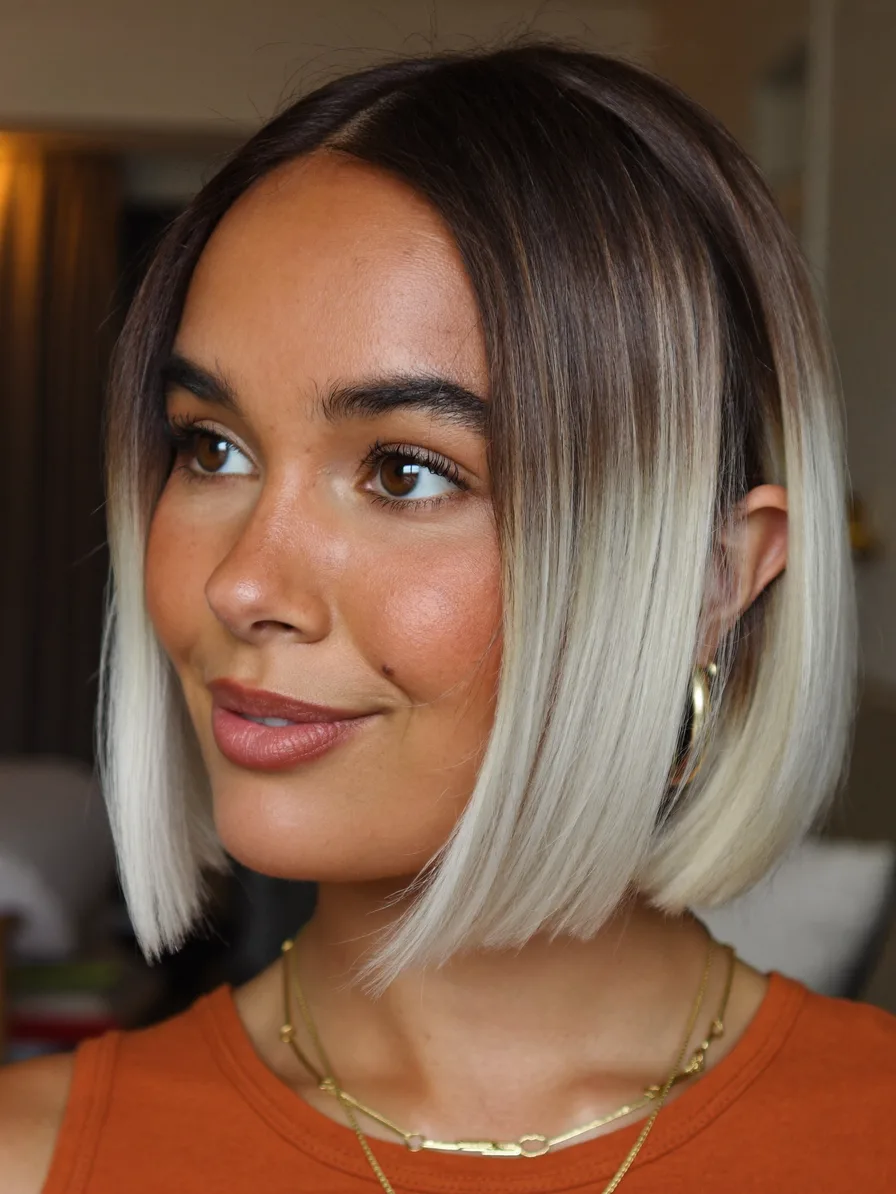 Sleek Blunt Bob with Ash Brown to Platinum Ombre Fade