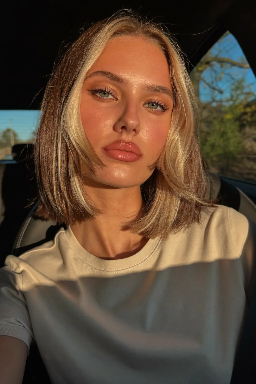 Chic Blunt Bob with Platinum Blonde Money Piece Highlights