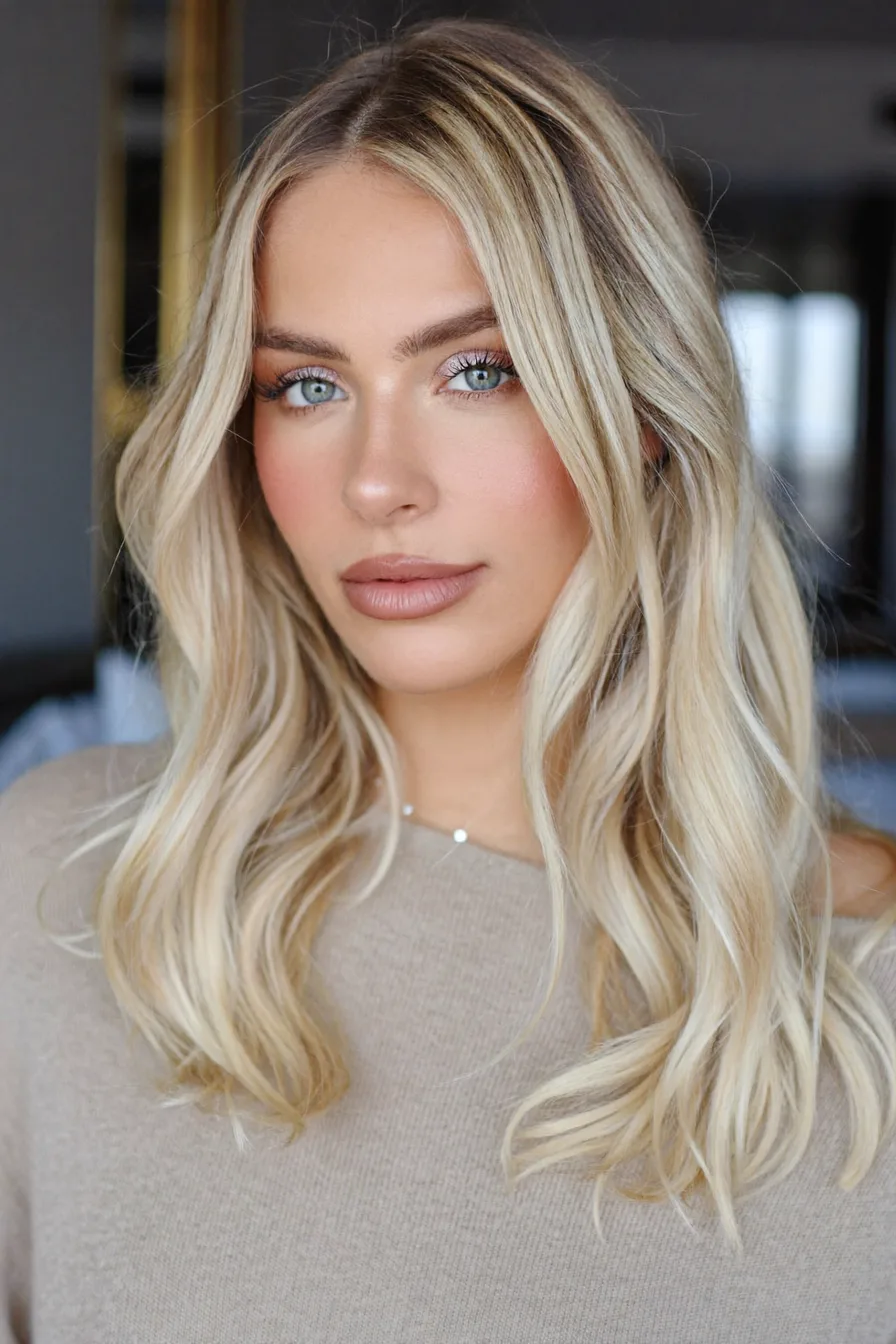 Modern Beach Waves with Cool Blonde Balayage and Curtain Bangs