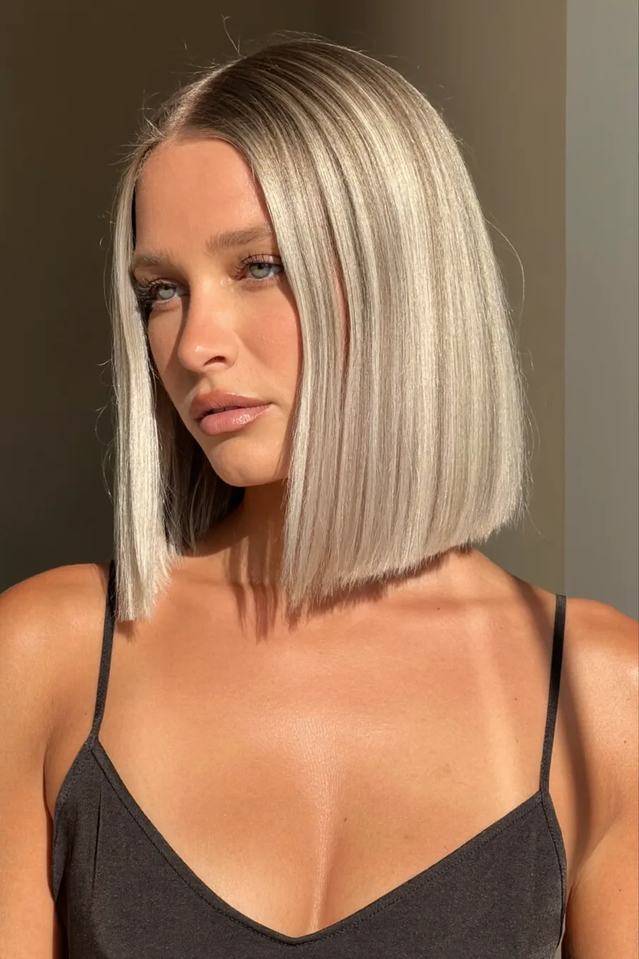 Sleek Center-Parted Chin-Length Blunt Blonde Bob