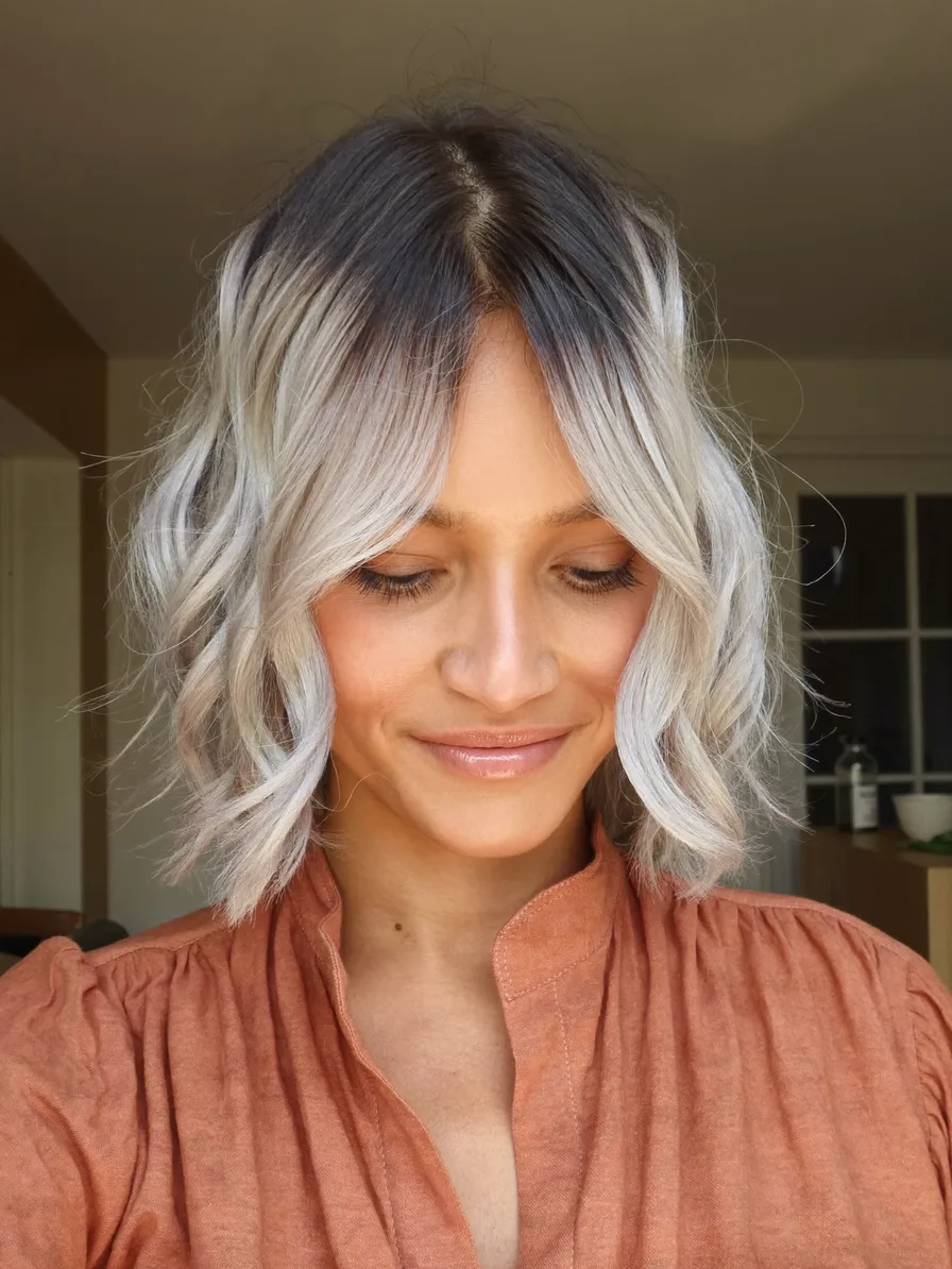 Modern Ombre Lob with Soft Curtain Bangs and Waves
