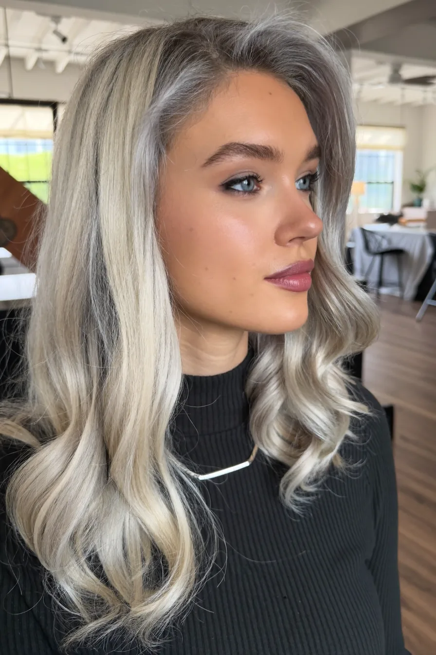 Modern Long Platinum Blonde Layers with Side-Swept Styling