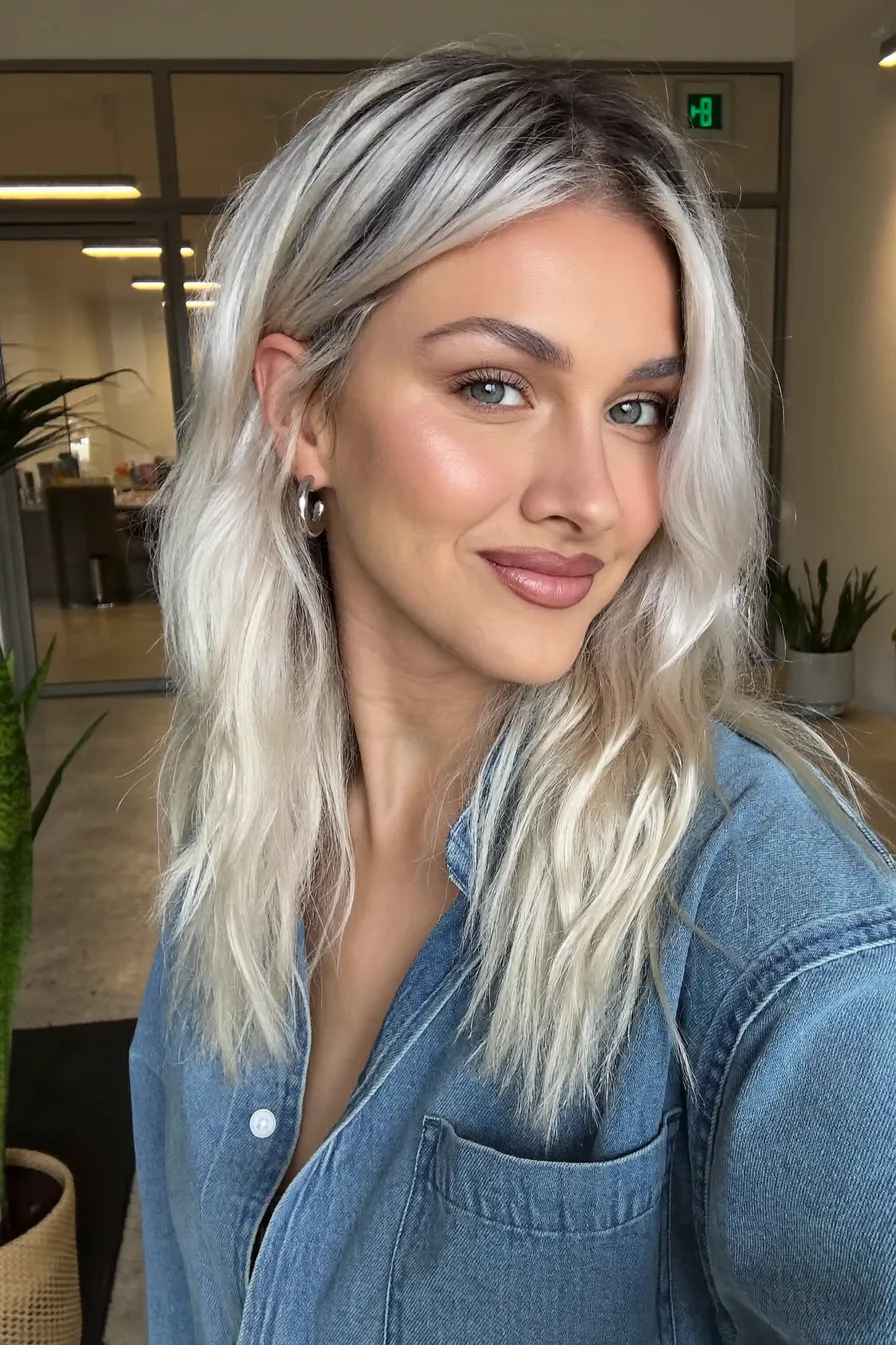 Medium-Length Platinum Blonde Textured Beach Waves Hairstyle