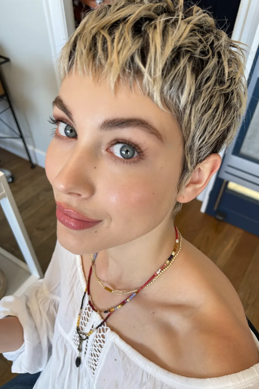 Textured Pixie Crop with Shadowed Platinum Blonde Highlights