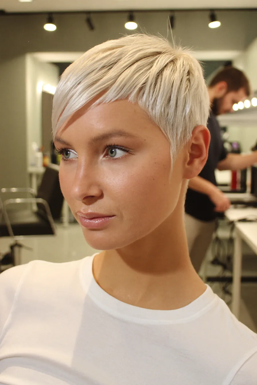 Edgy Textured Pixie With Side-Swept Bangs In Platinum Blonde