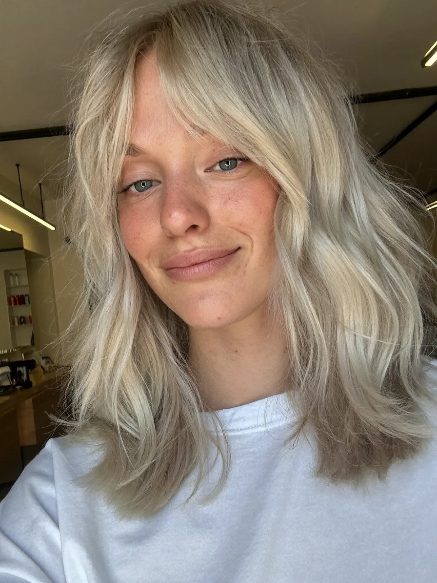 Voluminous Textured Platinum Blonde Long Layered Hair