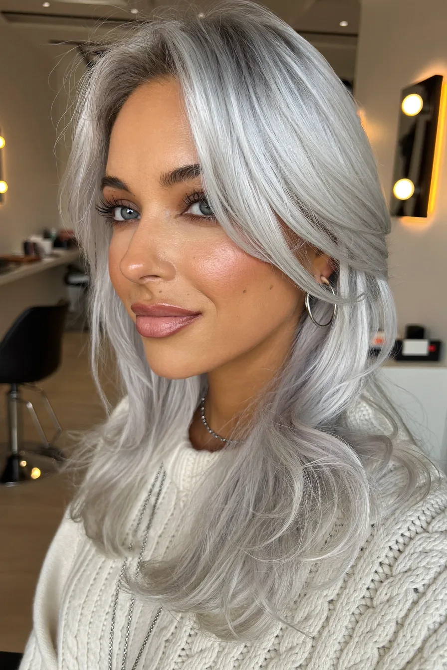 Soft Flowing Medium-Length Platinum Silver Layers with Curtain Bangs