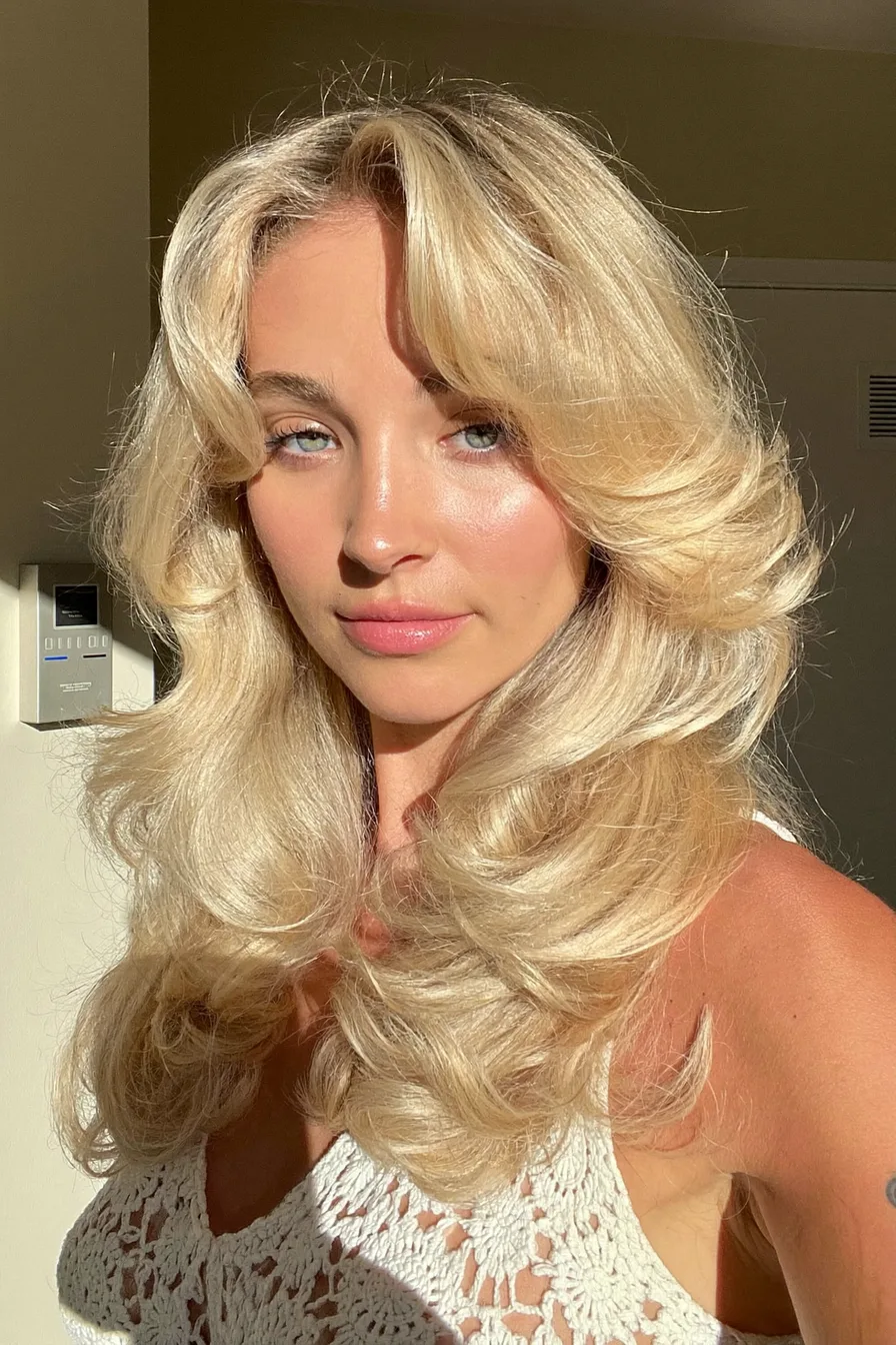 Elegant Voluminous Long Platinum Blown-Out Curtain Bangs Hairstyle