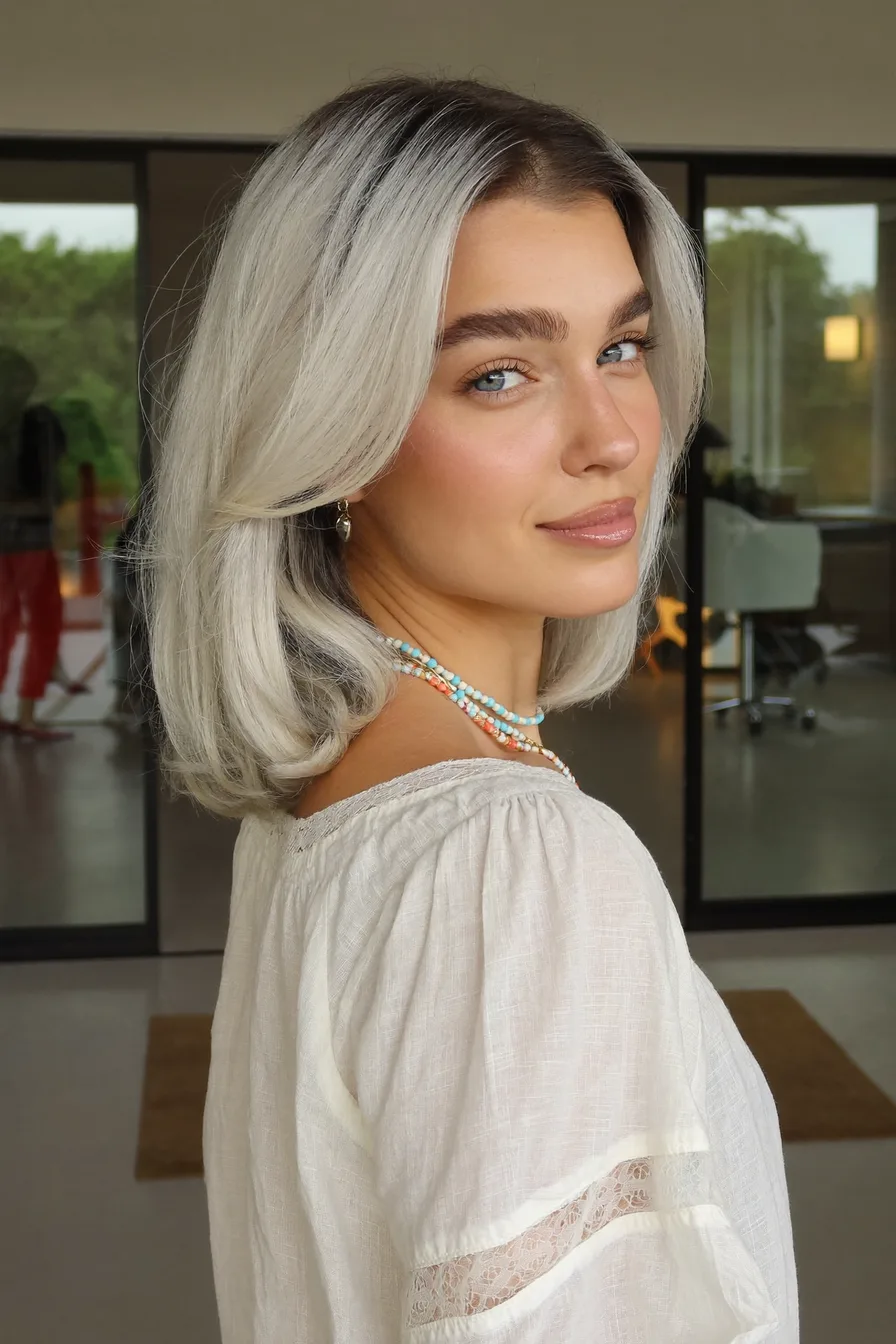 Chic Platinum Silver Lob with Center Curtain Bangs Styling