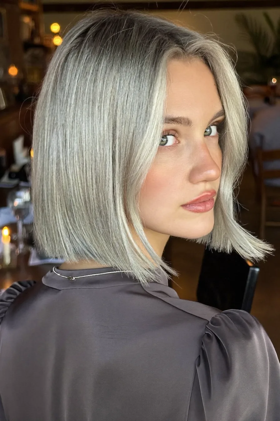Sleek Blunt Chin-Length Bob with Center Curtain Bangs