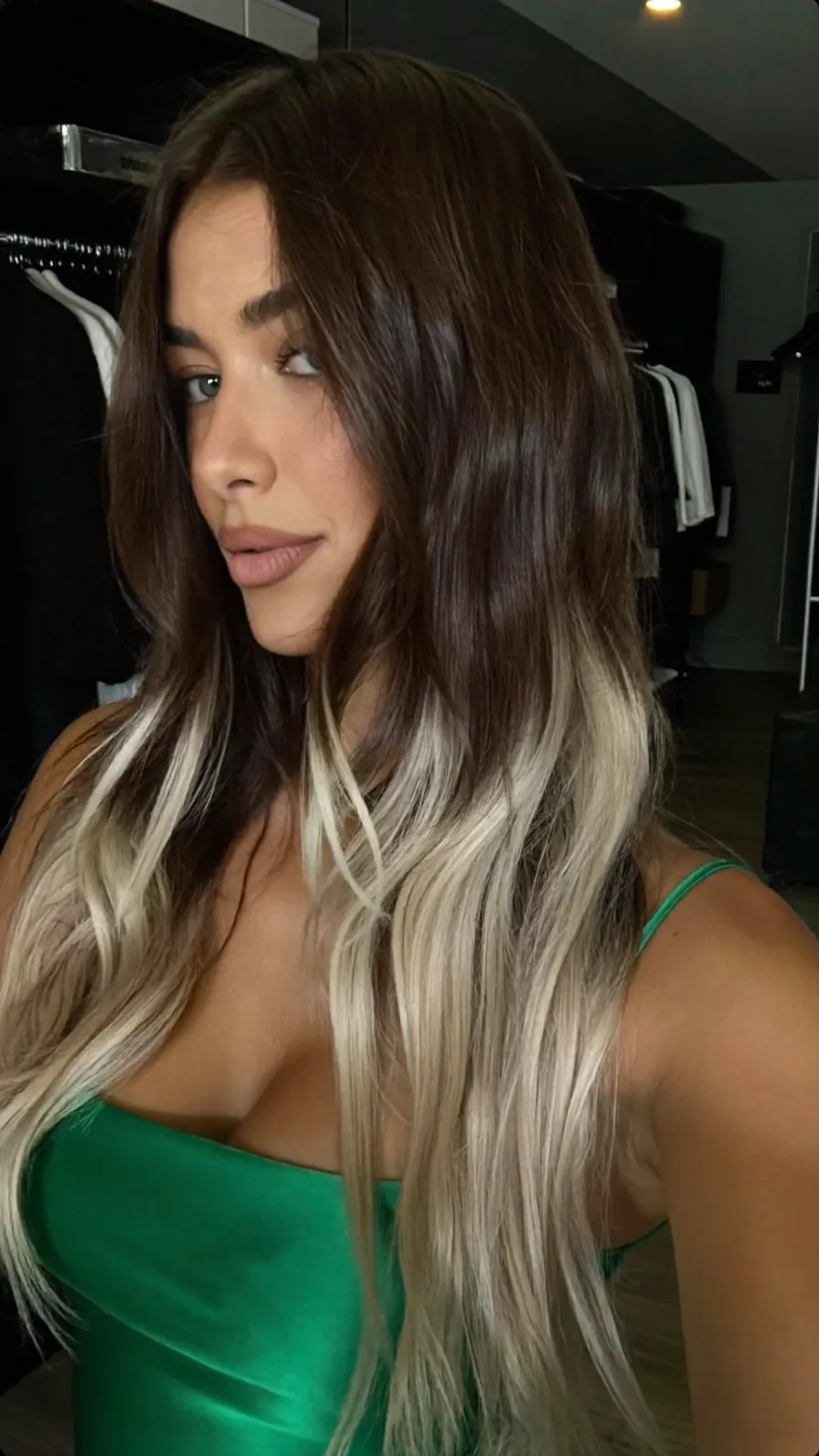 Long Layered Ombre Waves with Center Curtain Bangs