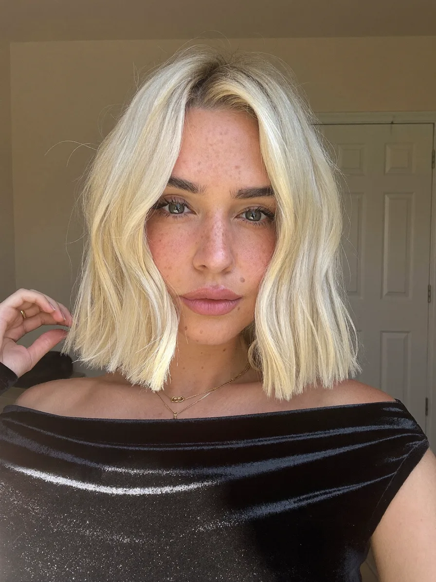 Chin-Length Platinum Blonde Bob with Curtain Bangs