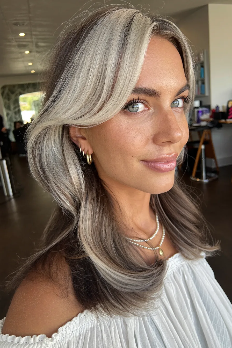 Medium Length Ash Blonde Hair with Money-Piece Curtain Bangs