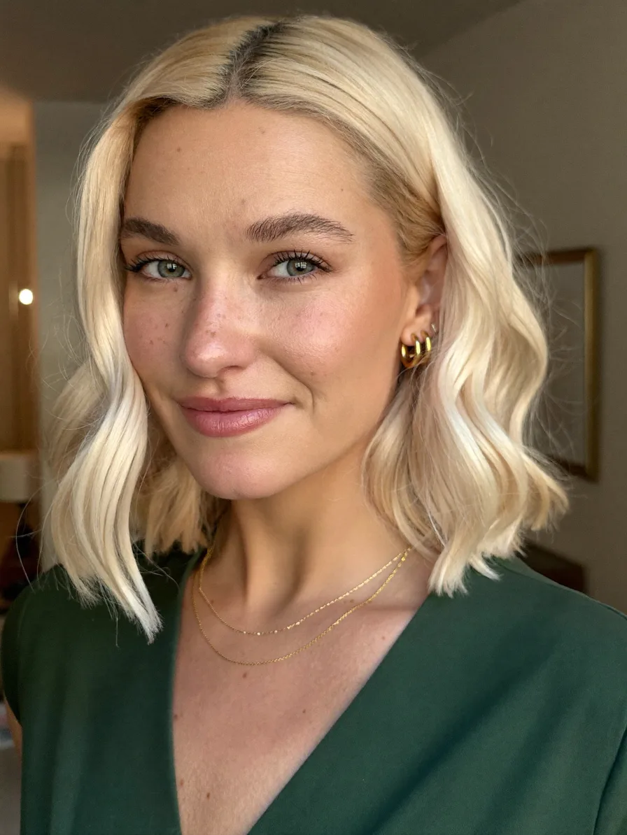 Chic Platinum Blonde Shoulder-Length Wavy Lob Hairstyle