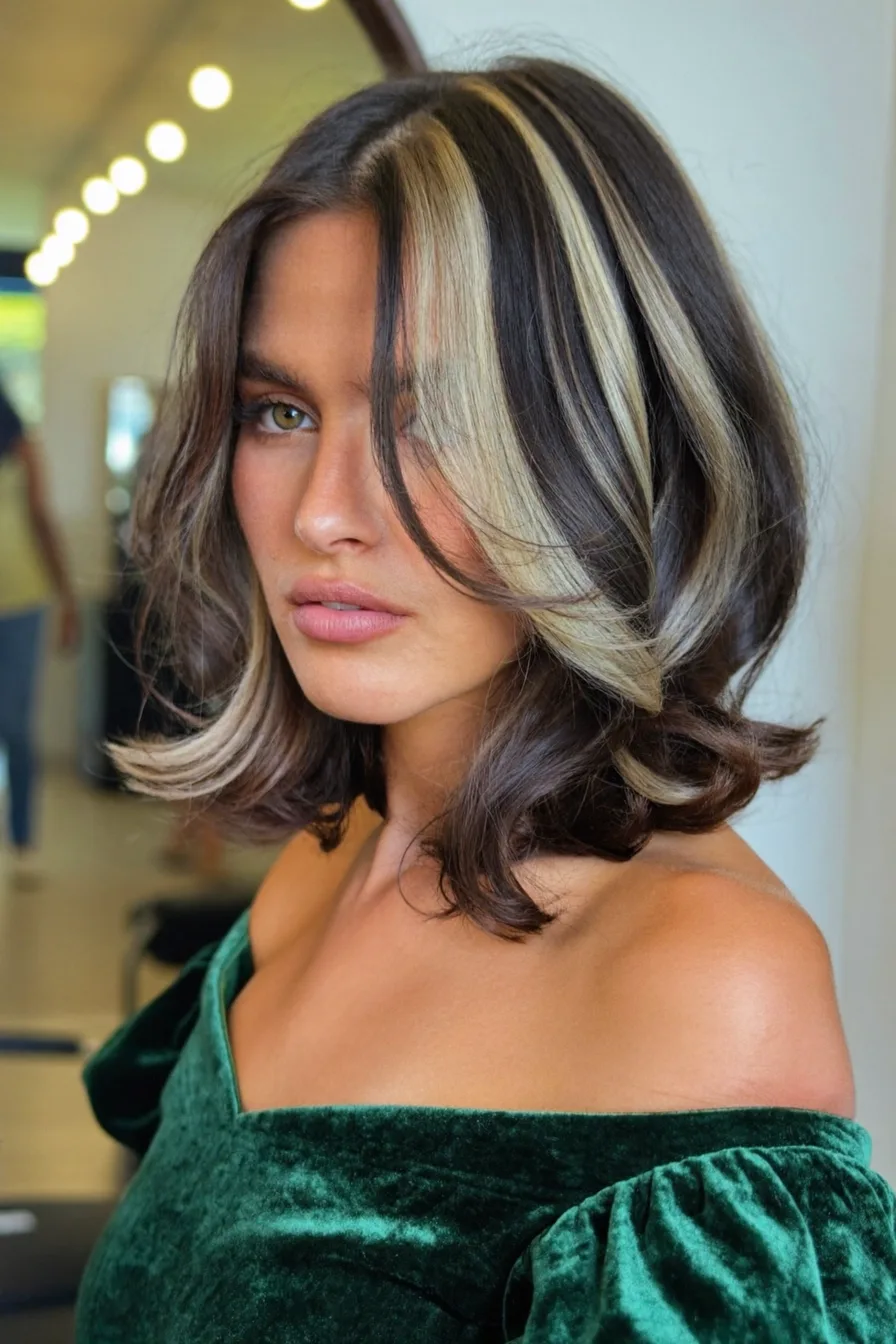 Modern Shoulder-Length Lob with Blonde Money Piece Highlights