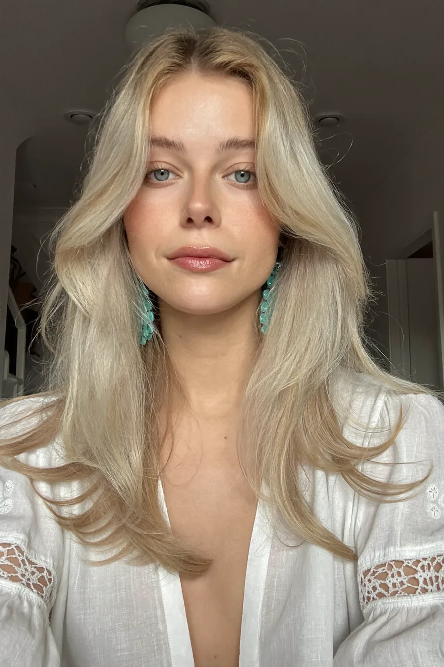 Soft Feathered Layered Lob with Cool Platinum Balayage