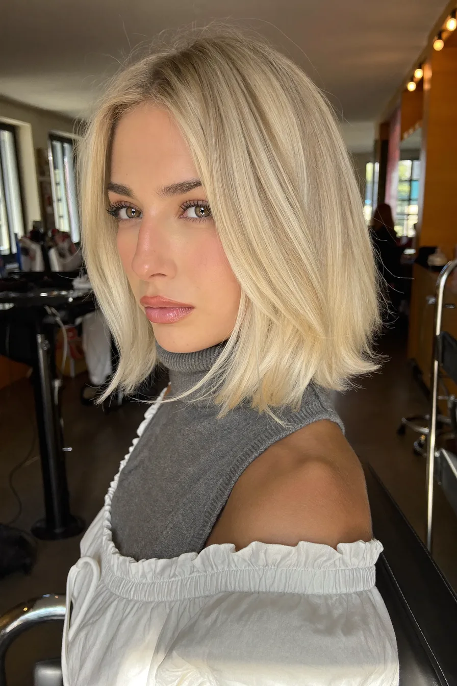 Chic Ash Blonde Lob with Subtle Platinum Highlights