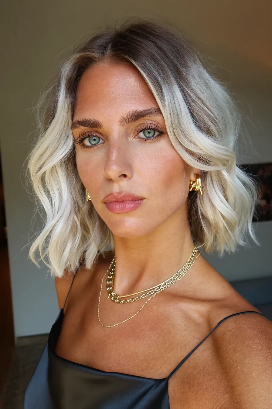 Chic Center-Parted Wavy Blunt Lob with Balayage Highlights