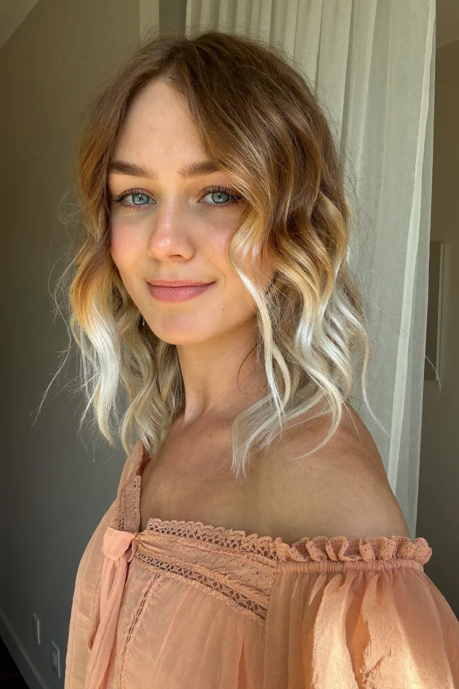 Modern Layered Lob with Balayage and Curtain Bangs