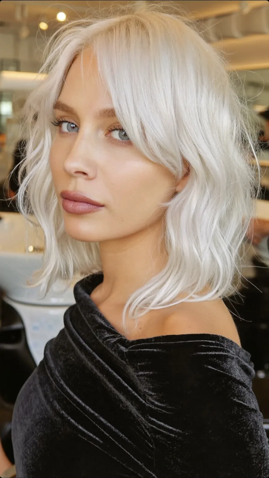 Textured Shoulder-Length Lob with Platinum Curtain Bangs