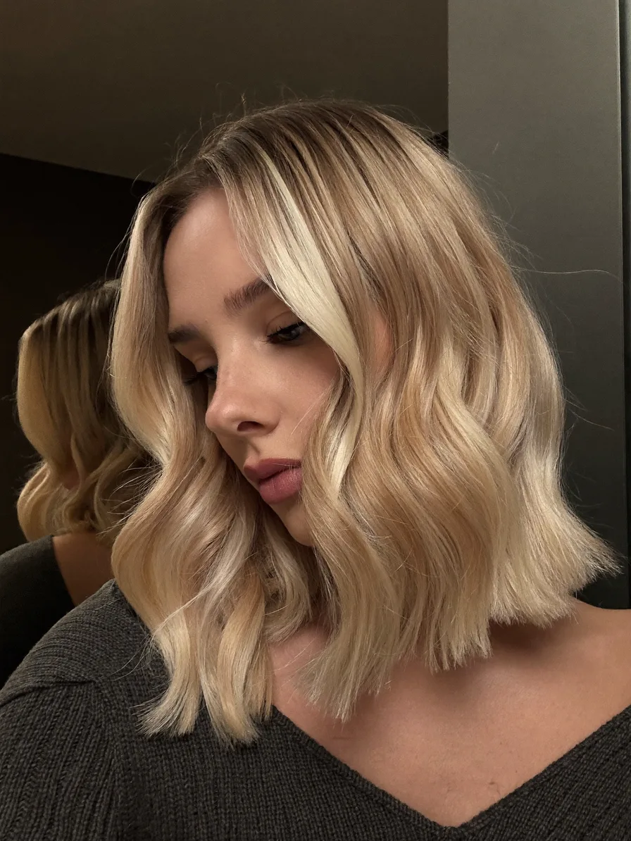 Soft Wavy Lob with Warm Ash Blonde Balayage Highlights