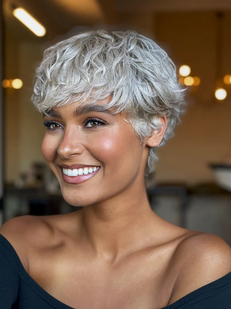 Voluminous Textured Platinum Silver Wavy Pixie Cut Style