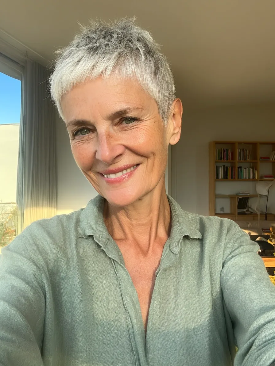 Chic Textured Platinum Silver Short Pixie with Micro Bangs