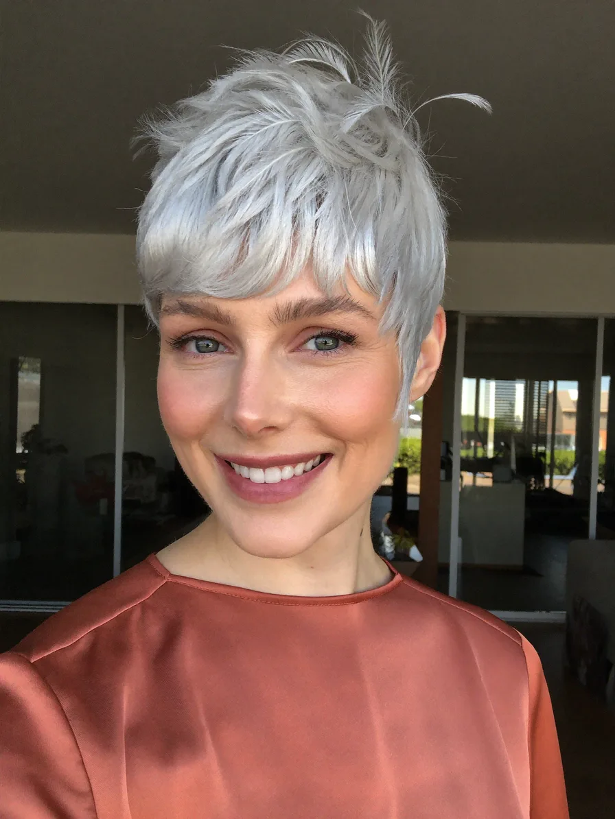 Textured Platinum Silver Pixie Cut with Long Side Bangs