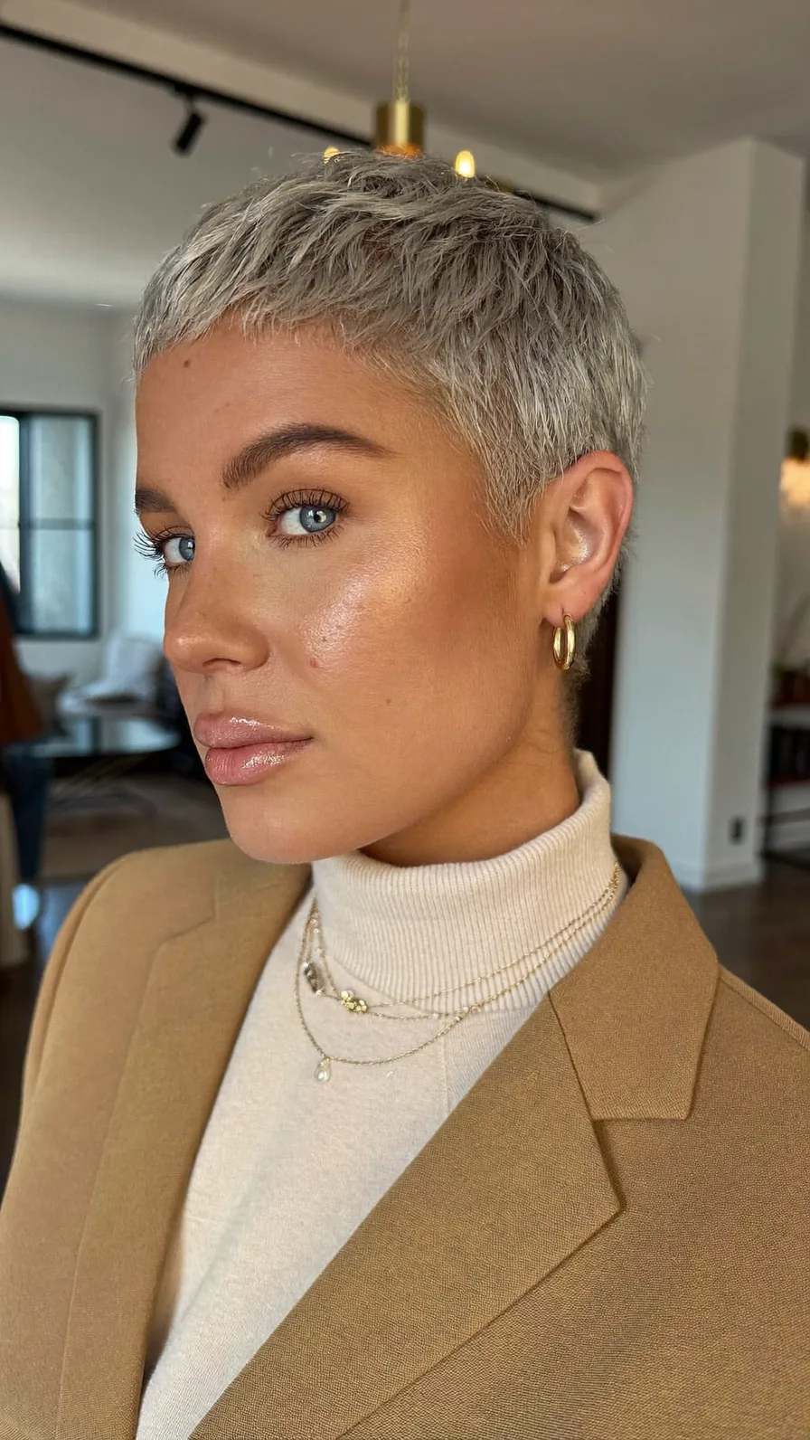 Textured Platinum Silver Pixie Cut with Micro Bangs