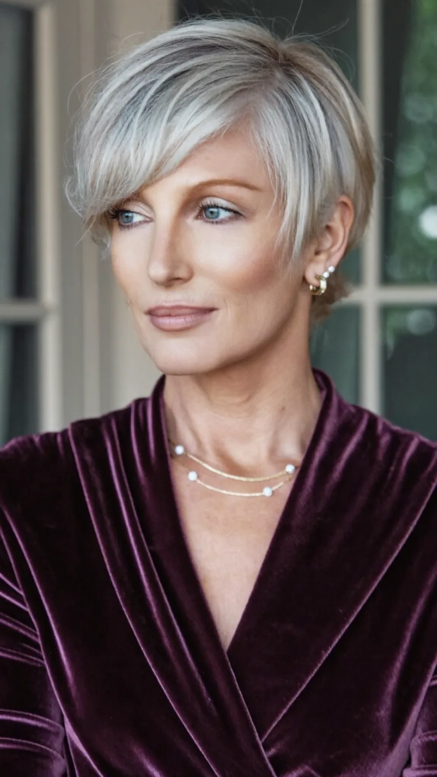 Elegant Platinum Silver Textured Side-Swept Pixie Cut