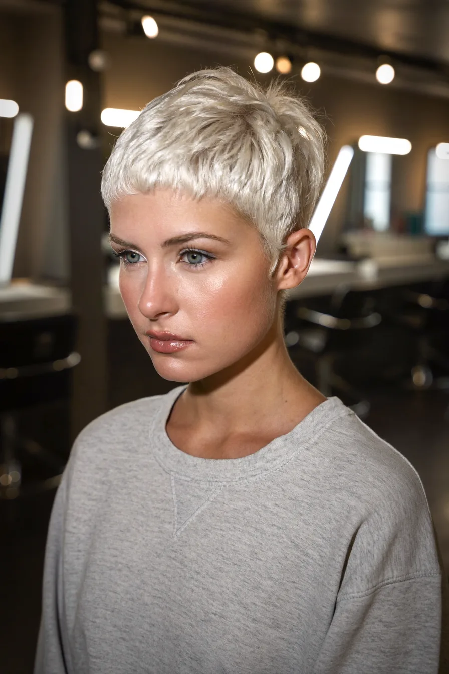 Textured Platinum Blonde Pixie Cut with Blunt Fringe