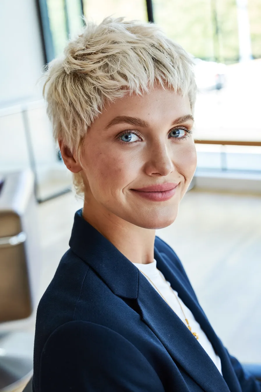 Modern Textured Platinum Blonde Pixie with Micro Bangs