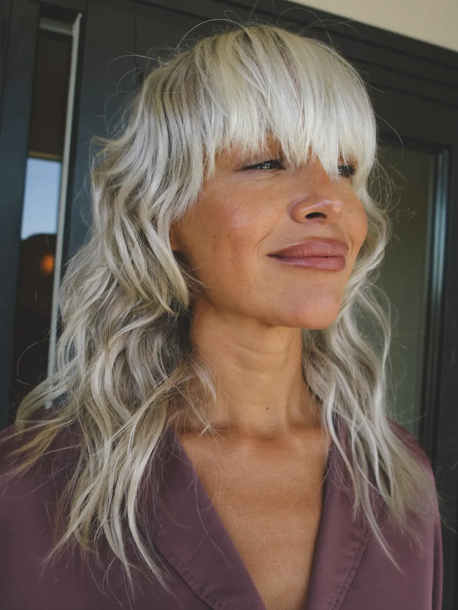 Textured Shoulder-Length Shag with Blunt Platinum Blonde Bangs